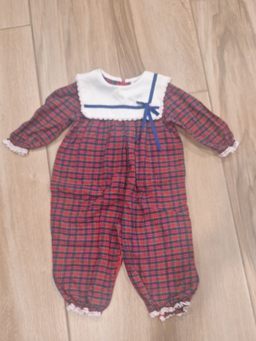 VTG Good Lad Red Plaid One-Piece Overalls Sailor Collar Ruffle Lace Trim 18mos